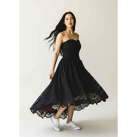 Vintage 1980s Midnight Glow Strapless Black Lace Full Skirt Party Dress Size 12 - Picture 1 of 6